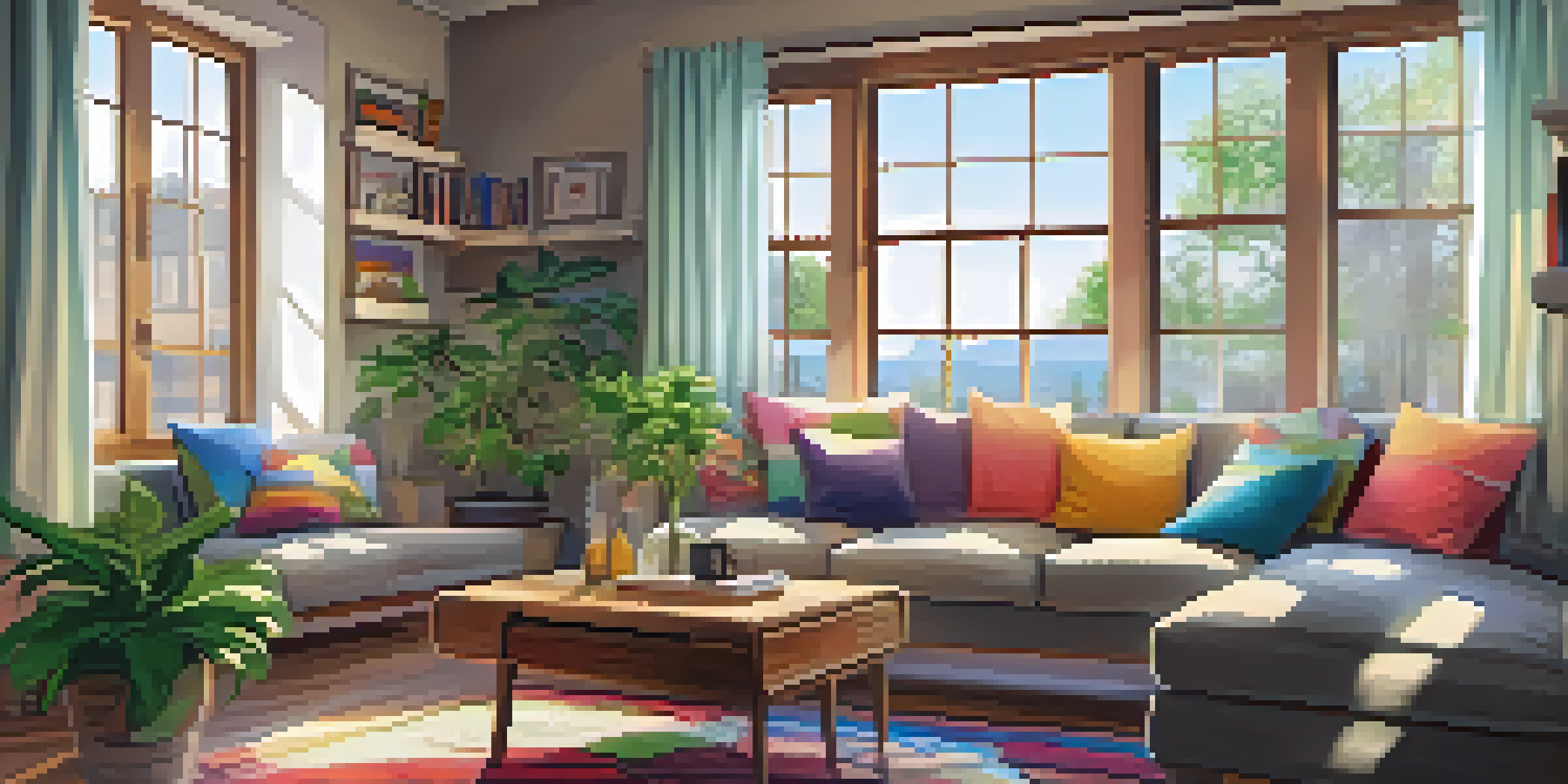 A warm and inviting living room filled with sunlight, featuring a sofa, coffee table, and decorative elements.