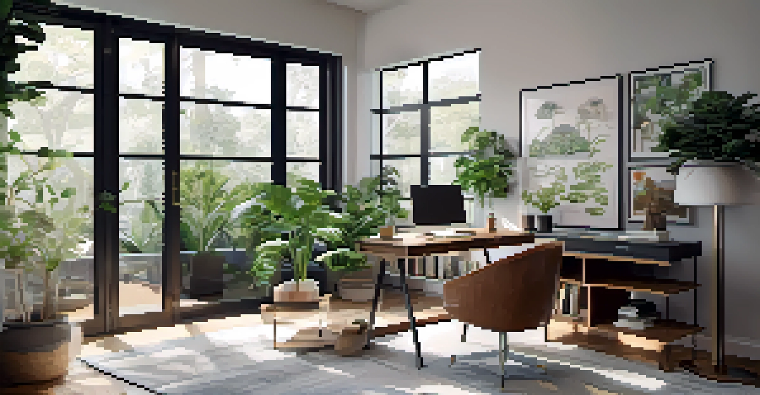 A multifunctional home office with a sofa bed and a stylish desk, illuminated by natural light and decorated with plants.