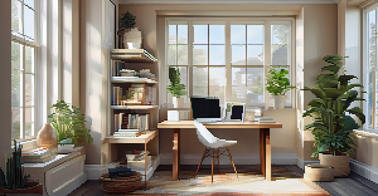 A modern home office with a desk, laptop, plants, and a bookshelf, illuminated by natural light.