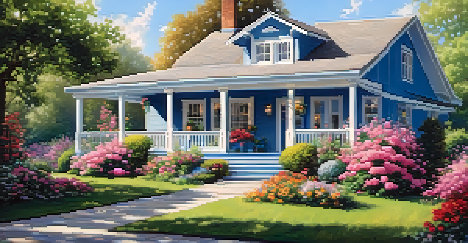 A picturesque bungalow with a garden and front porch, surrounded by blooming flowers.