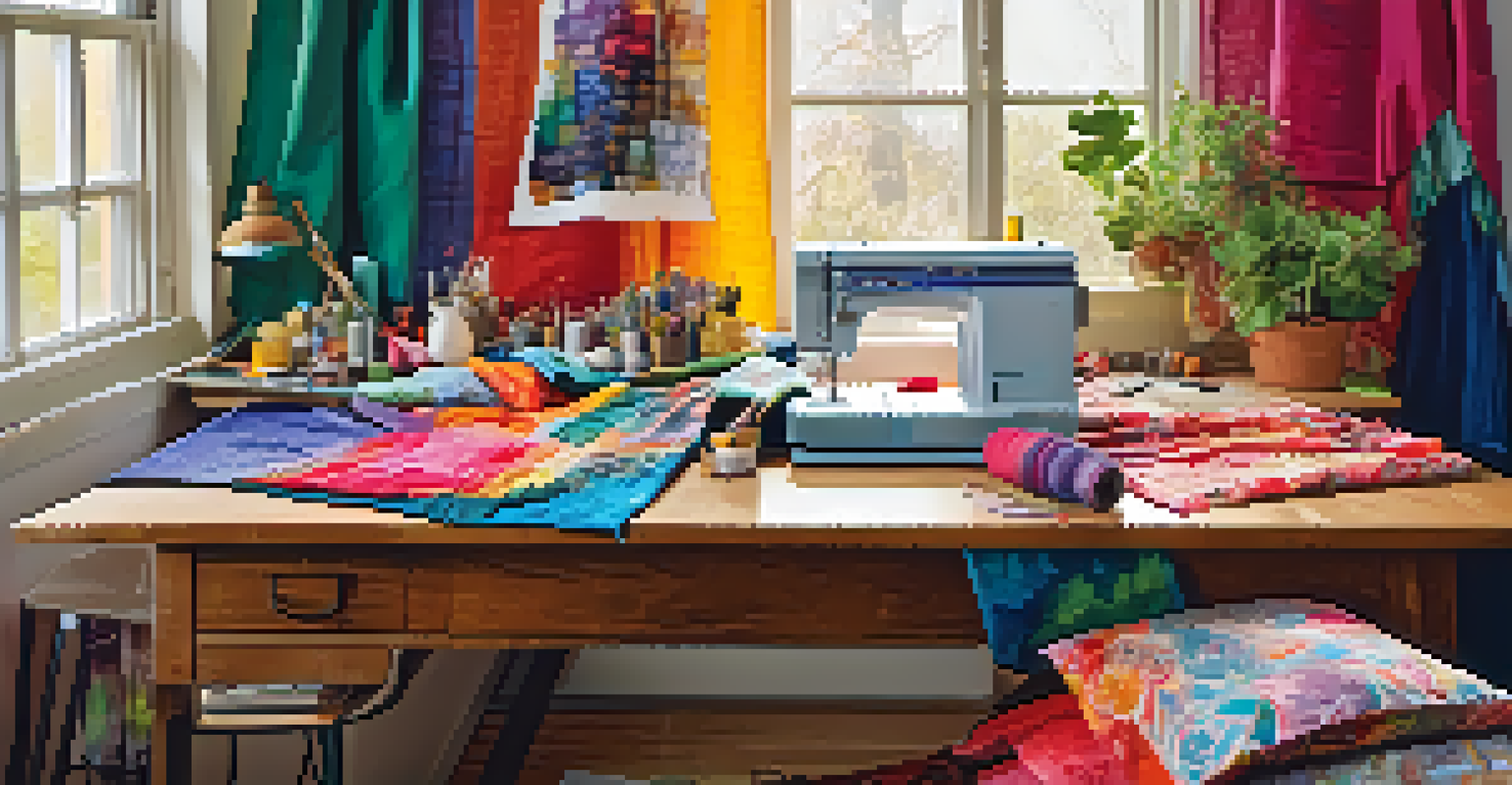 A creative workspace filled with upcycled textiles being transformed into home decor items, featuring a sewing machine and colorful fabric scraps under warm sunlight.