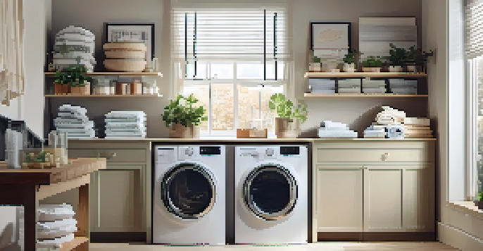 A compact laundry room with open shelves above a washing machine and dryer, decorated with baskets and a potted plant, bathed in soft natural light.
