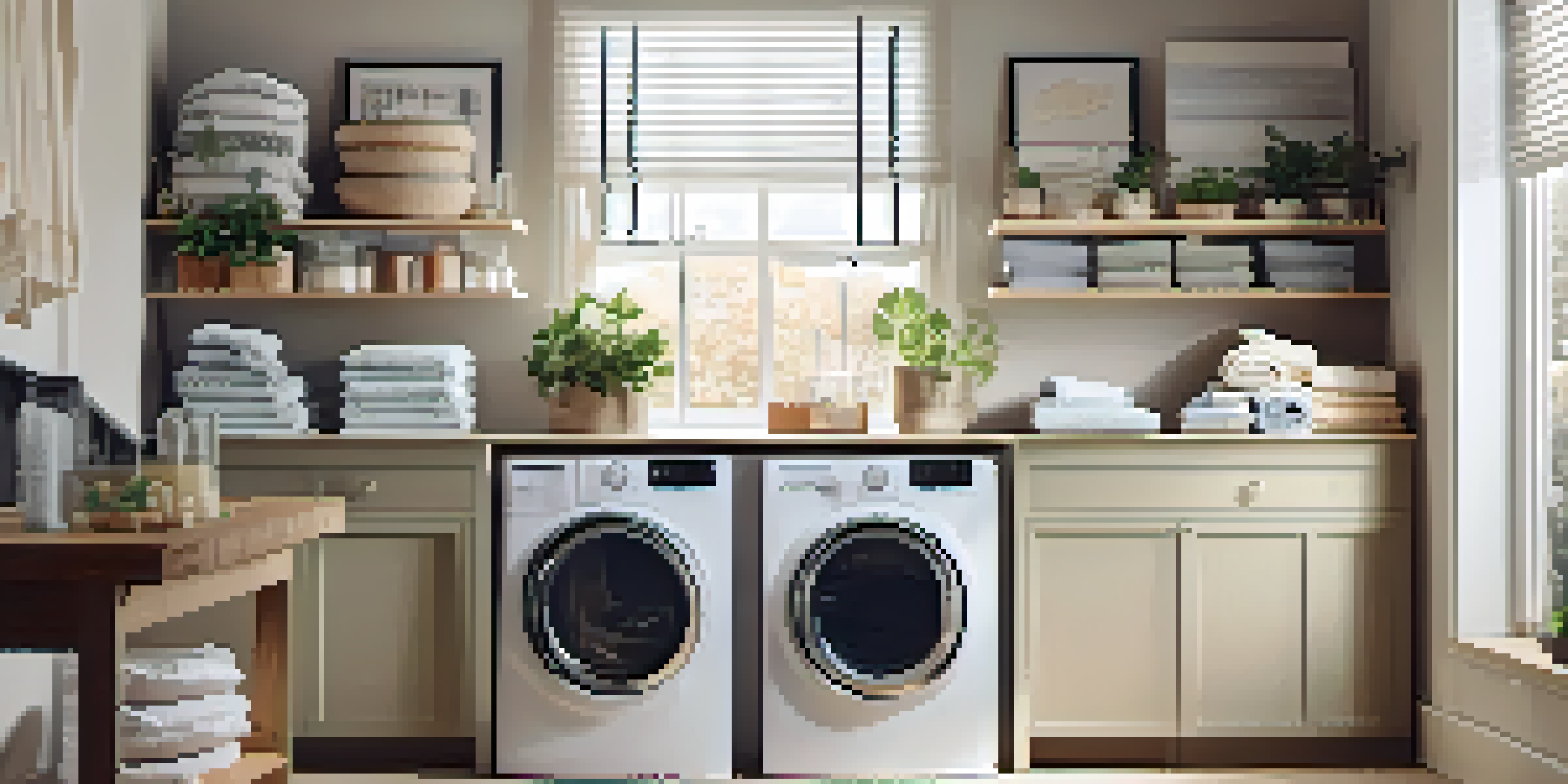 A compact laundry room with open shelves above a washing machine and dryer, decorated with baskets and a potted plant, bathed in soft natural light.