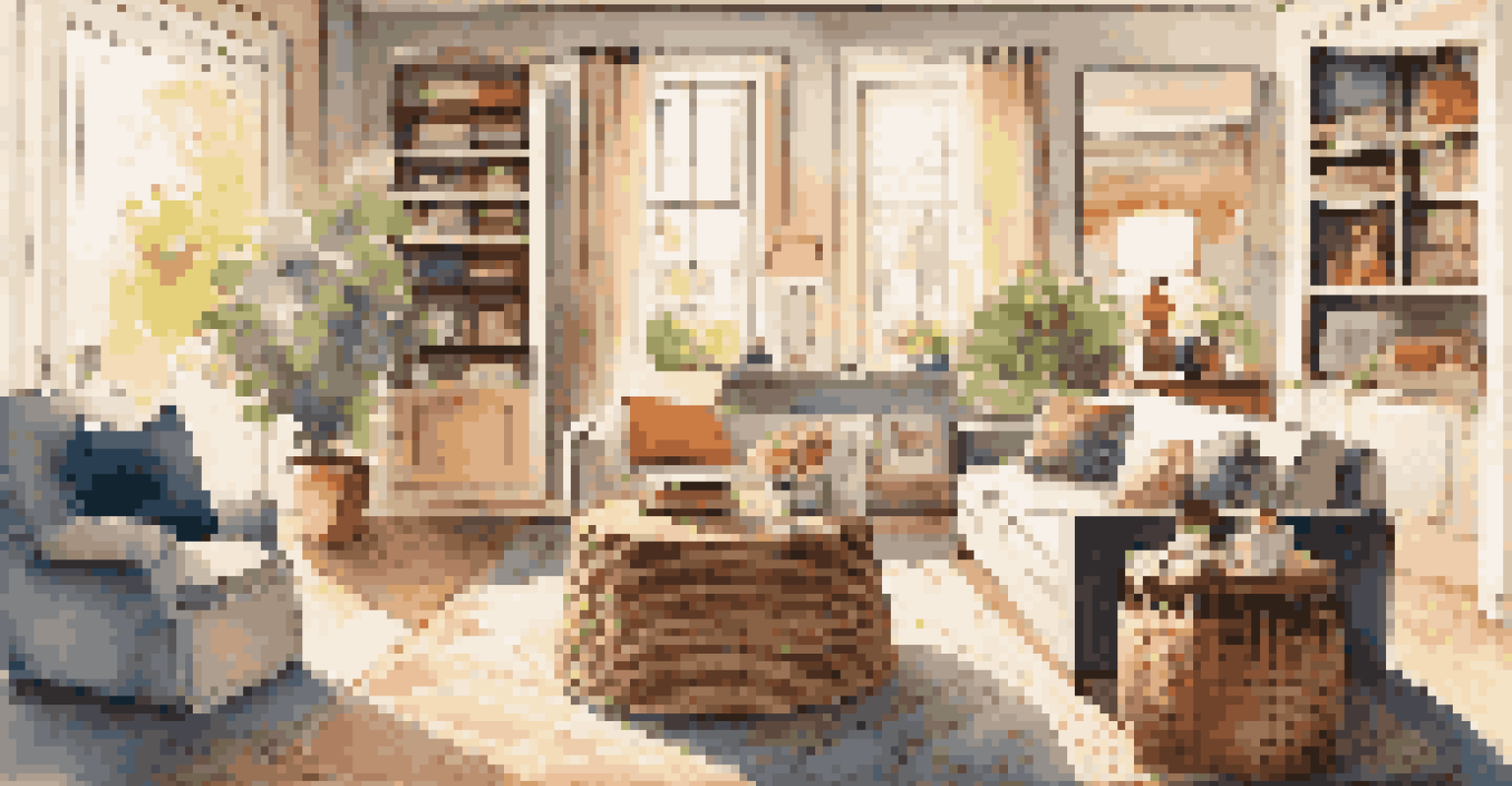 A stylish living room with decorative baskets for storage, containing remote controls, magazines, and toys. The room is well-lit and inviting.