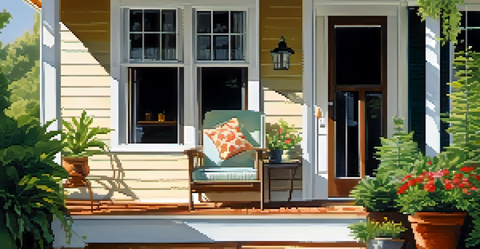 A charming front porch with potted plants and seating, bathed in sunlight, creating an inviting atmosphere for an open house.