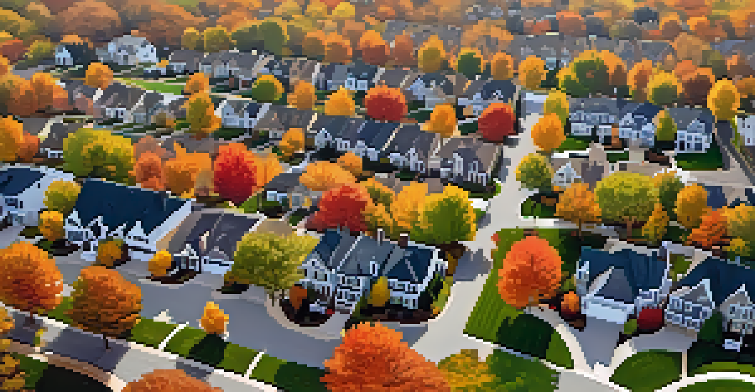 Aerial view of a suburban neighborhood in autumn with colorful trees and well-maintained houses.