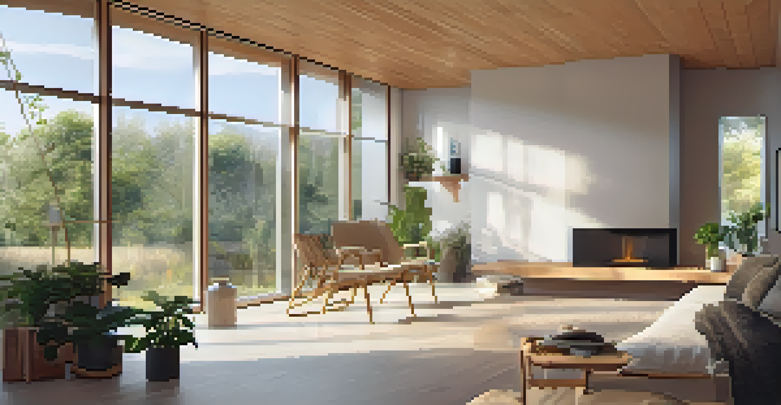 An interior room filled with natural light, showcasing eco-friendly insulation and modern furniture with plants for better air quality.