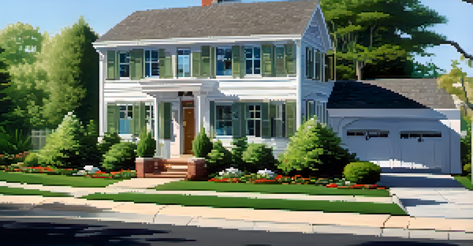 An exterior view of a house featuring a smart doorbell and motion sensors, surrounded by greenery and clear blue skies.