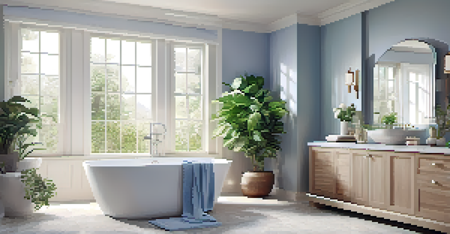 A serene bathroom with a freestanding tub, elegant tiles, and plants, creating a spa-like atmosphere.