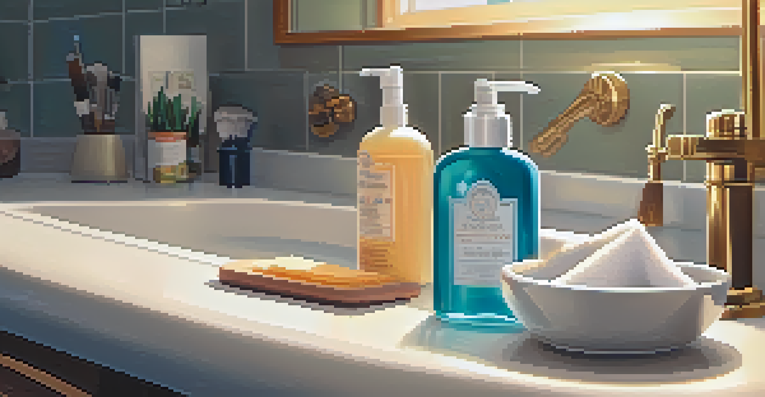 A person cleaning a cozy bathroom with organized items on display, creating a warm and inviting atmosphere.