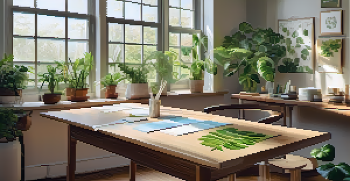 A workspace with various sustainable adhesives on a wooden table, illuminated by natural light with plants around.