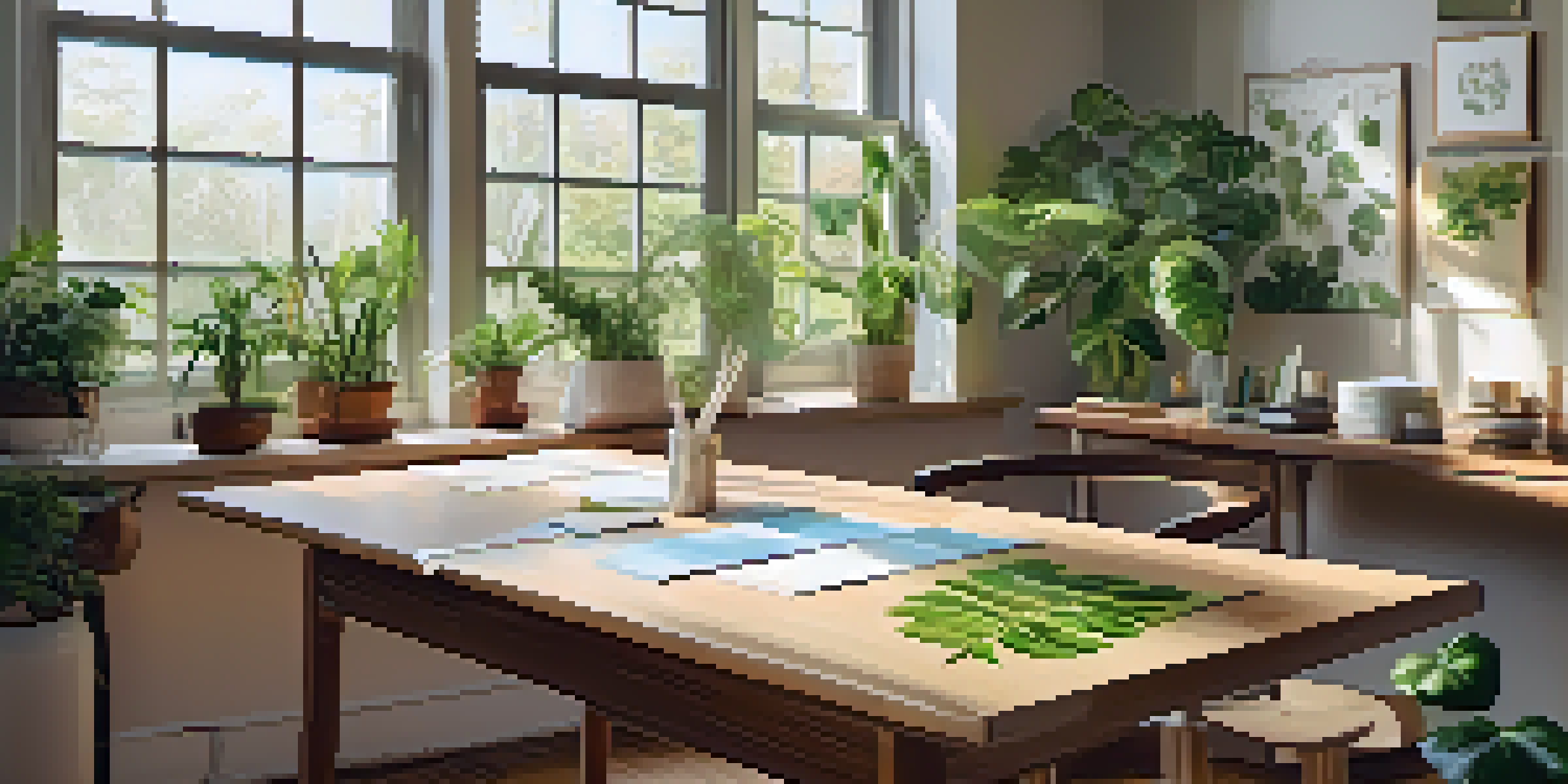 A workspace with various sustainable adhesives on a wooden table, illuminated by natural light with plants around.