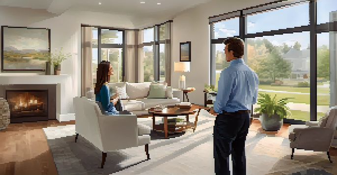 A real estate agent interacting with a potential buyer in a well-lit living room during an open house, holding a tablet with property details.