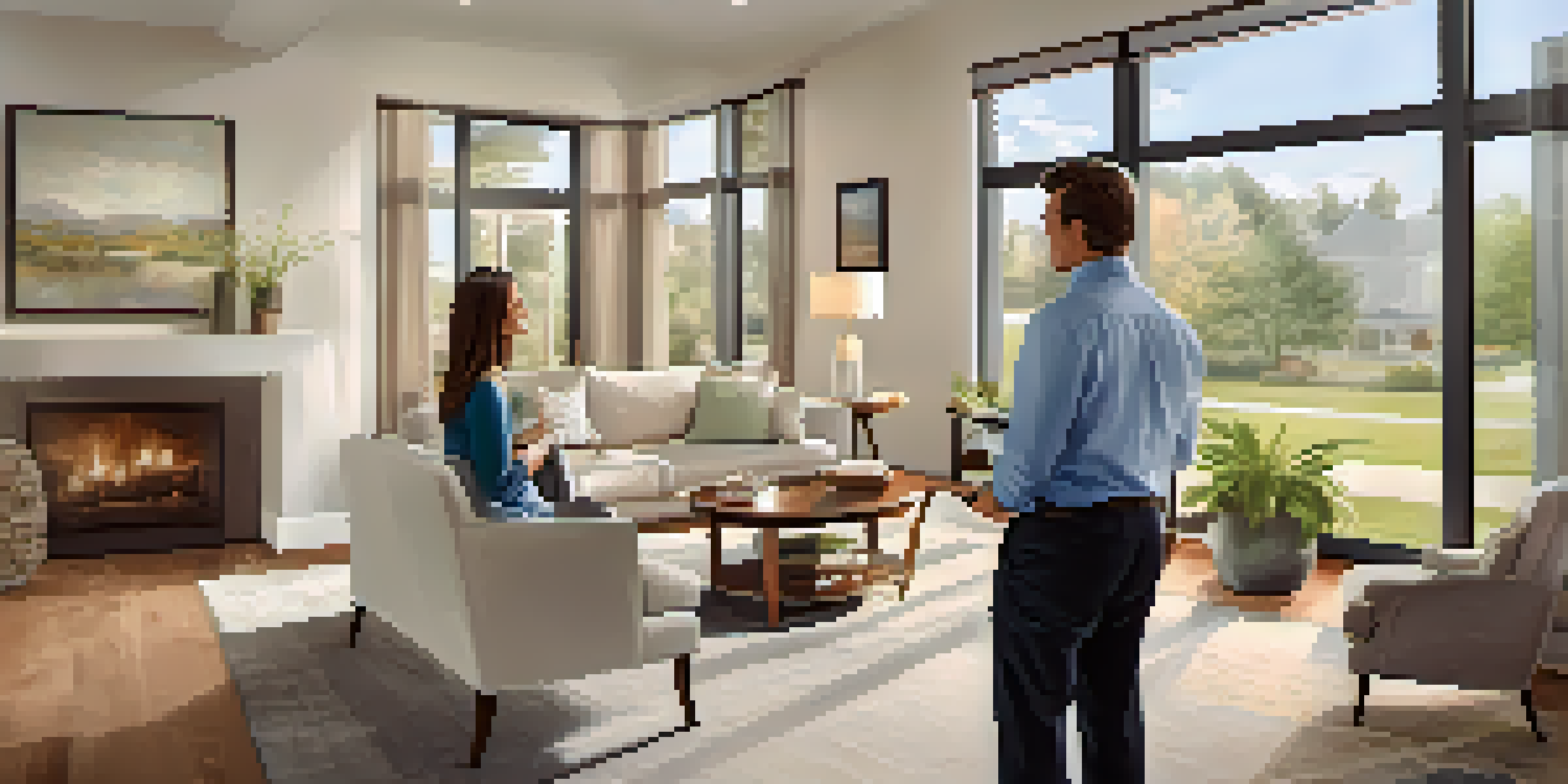 A real estate agent interacting with a potential buyer in a well-lit living room during an open house, holding a tablet with property details.