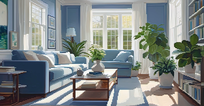 A modern living room with a large window, plants, and a plush sofa, filled with natural light.