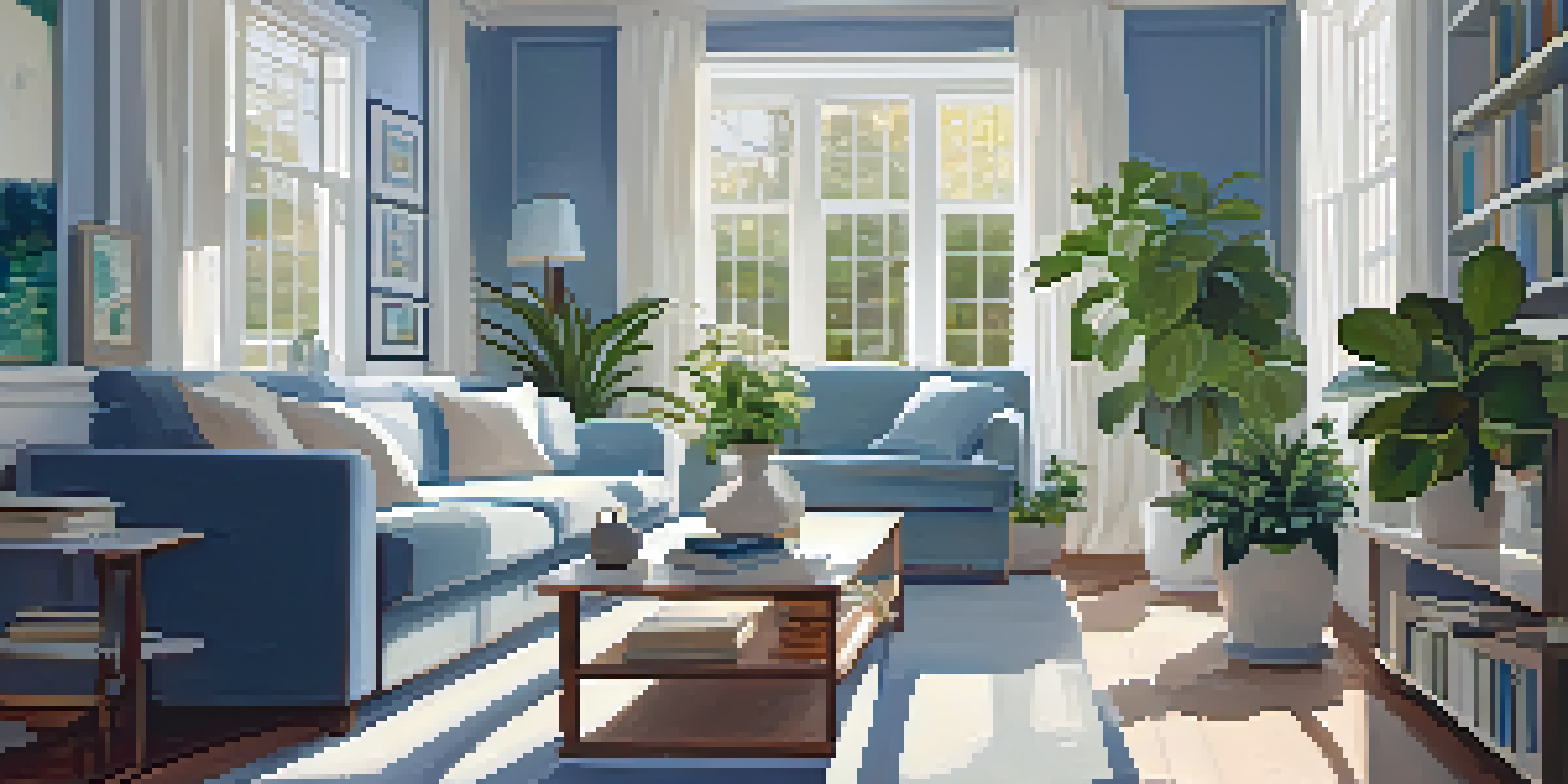 A modern living room with a large window, plants, and a plush sofa, filled with natural light.