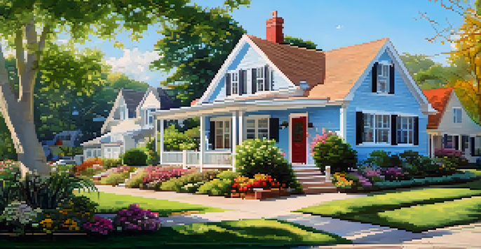 A picturesque suburban house with a garden, sunlight, and a 'For Sale' sign in front.