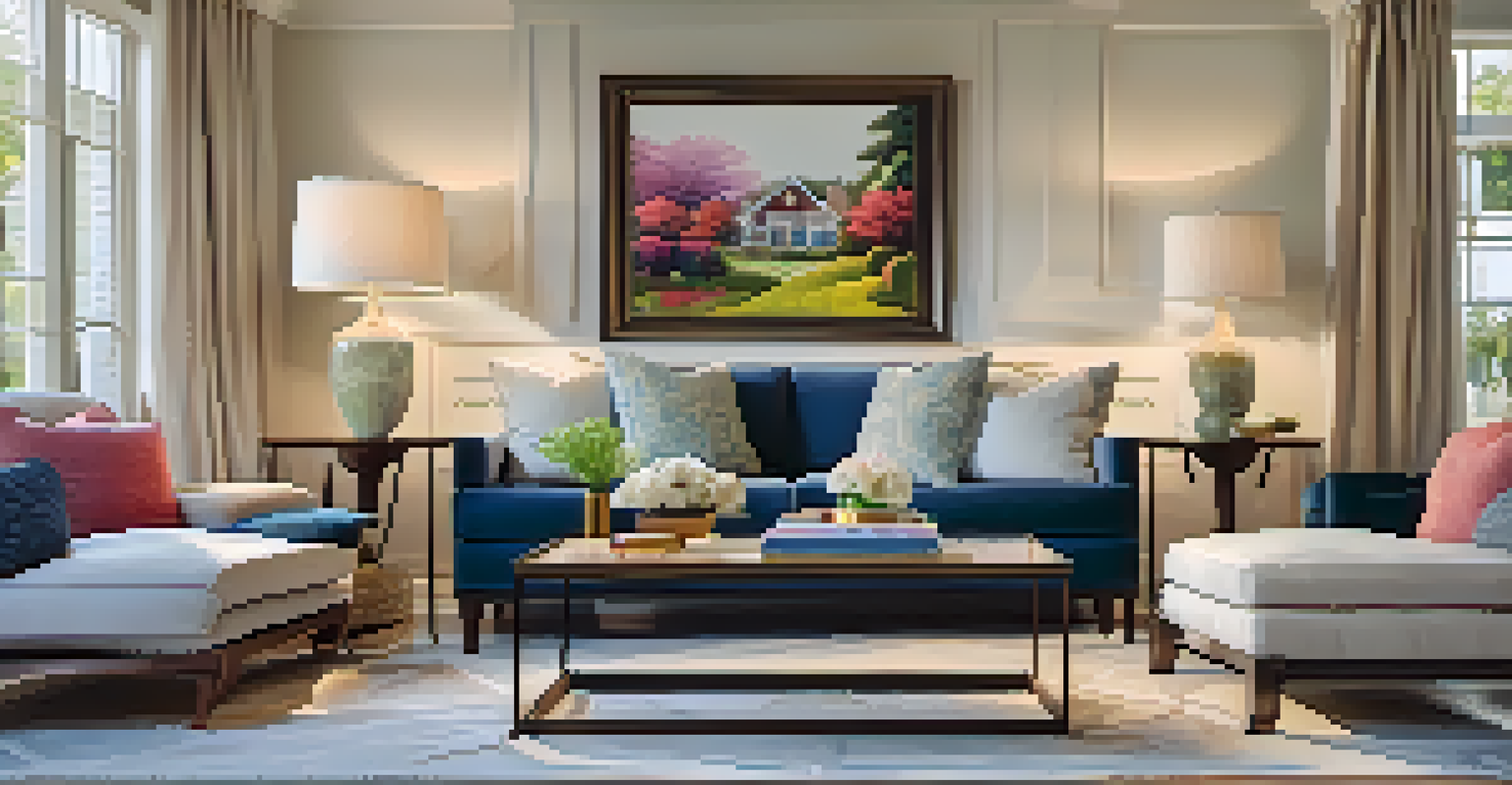 A stylishly staged living room with elegant furniture and soft lighting, featuring a view of a garden outside and a 'For Sale' sign in the background.