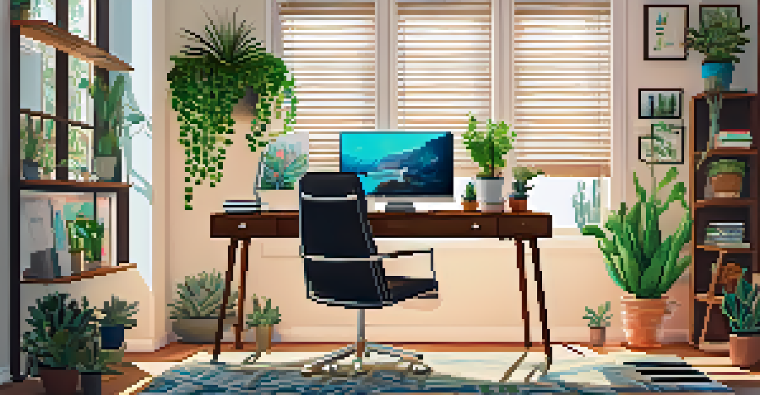 A colorful home office filled with indoor plants, a modern desk, and an inspiration board, illuminated by natural light.