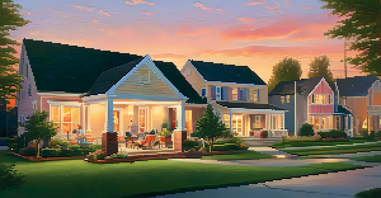 A suburban neighborhood at sunset with spacious homes and families outside.