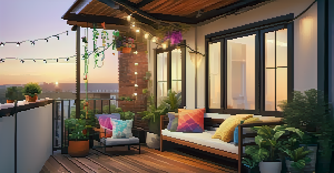 A small outdoor balcony featuring a wooden bench with cushions, surrounded by potted plants and illuminated by string lights at sunset.