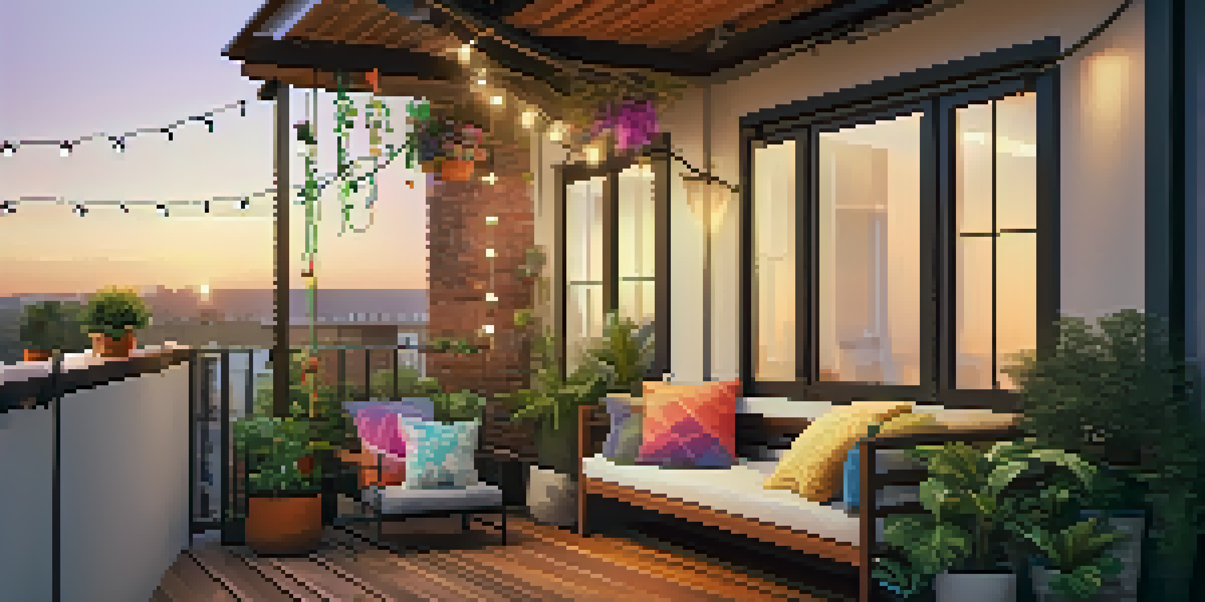 A small outdoor balcony featuring a wooden bench with cushions, surrounded by potted plants and illuminated by string lights at sunset.