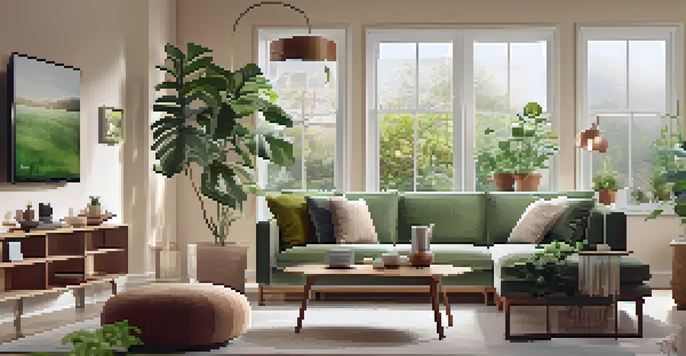 A contemporary living room with smart home devices like a speaker and thermostat, bathed in natural light, creating a cozy atmosphere.