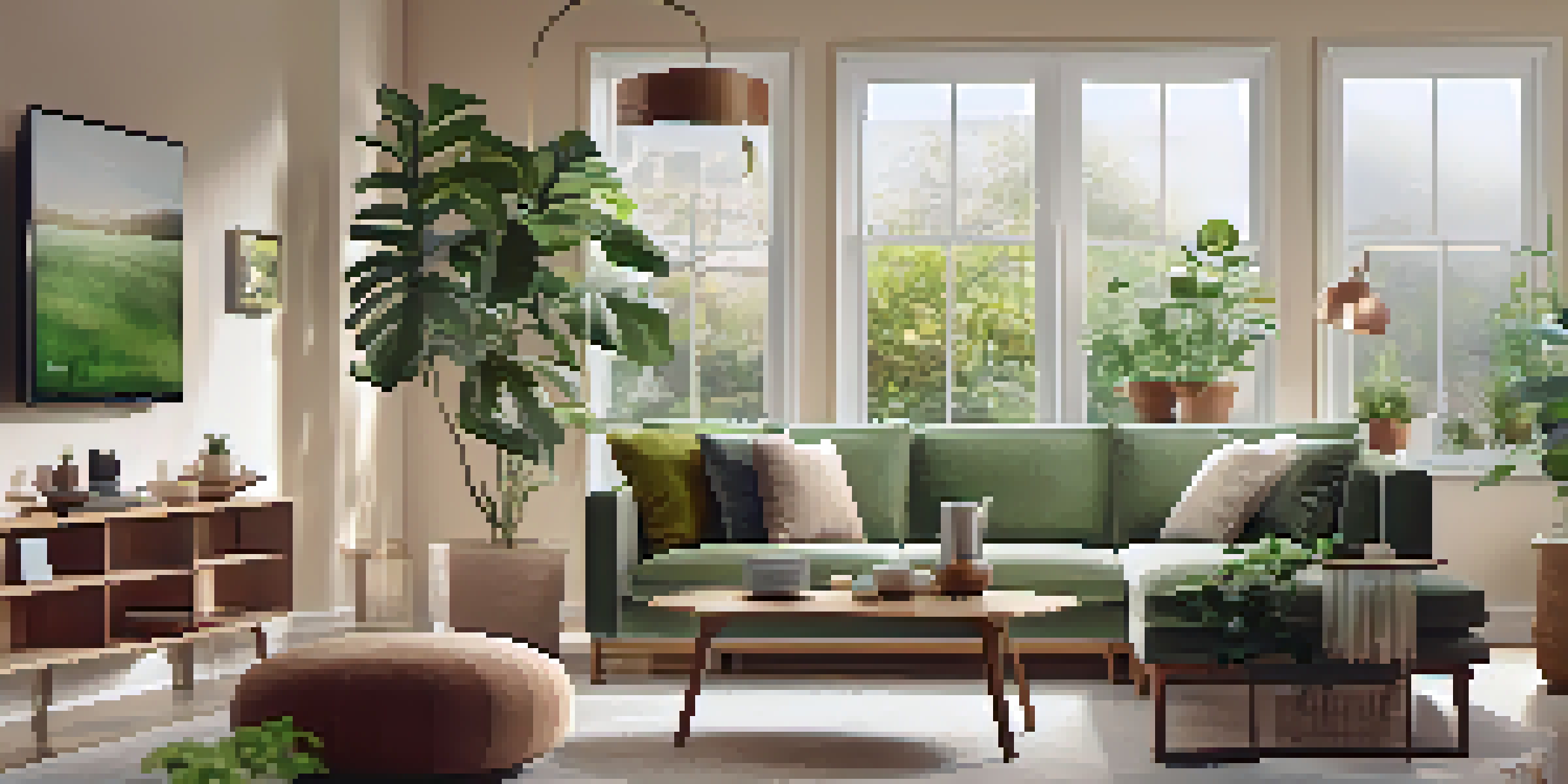 A contemporary living room with smart home devices like a speaker and thermostat, bathed in natural light, creating a cozy atmosphere.