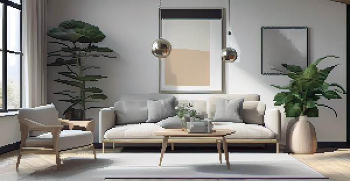 A bright and airy minimalist living room with a modern sofa, large windows, and a potted plant, emphasizing a serene atmosphere.