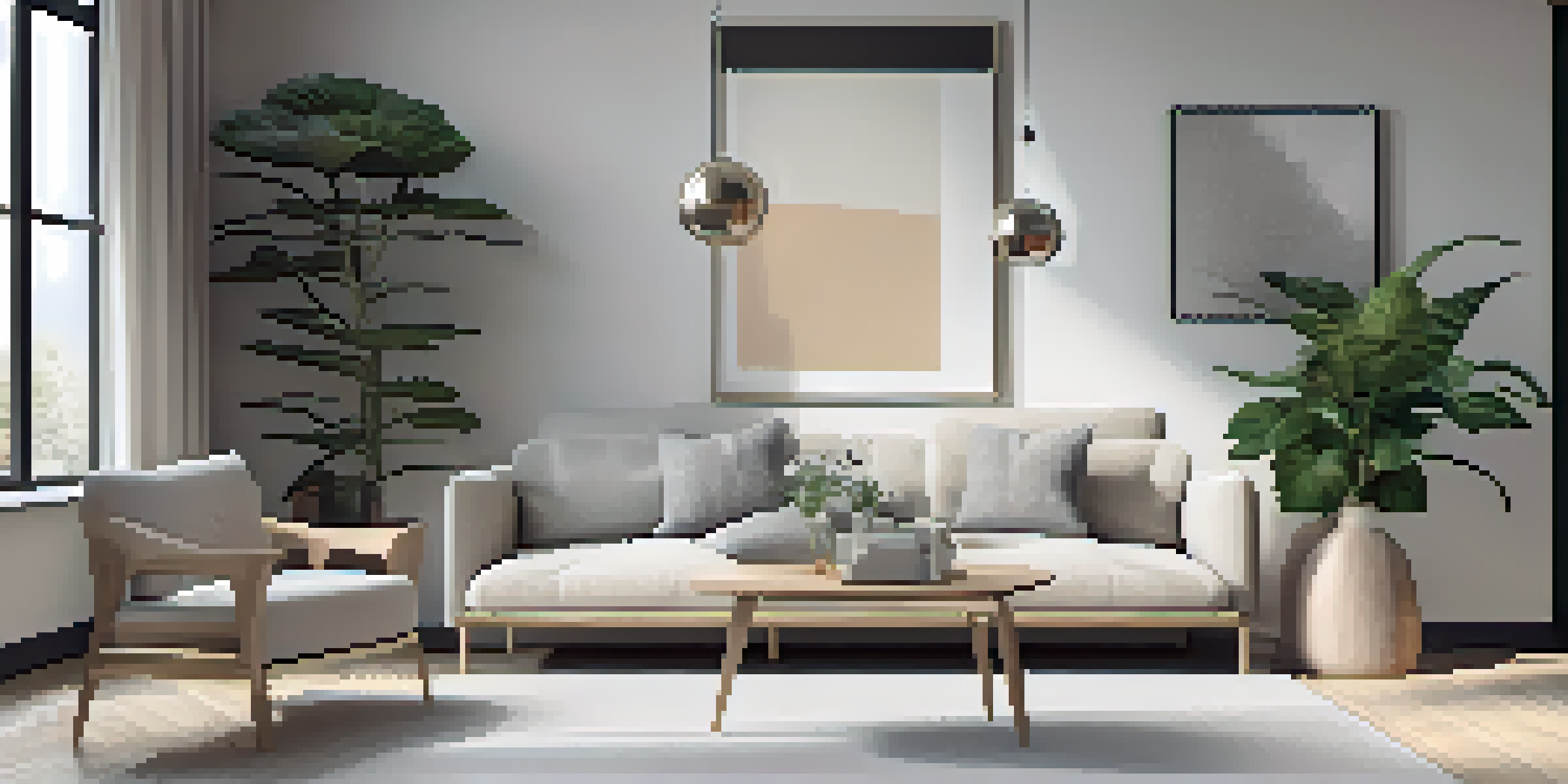 A bright and airy minimalist living room with a modern sofa, large windows, and a potted plant, emphasizing a serene atmosphere.