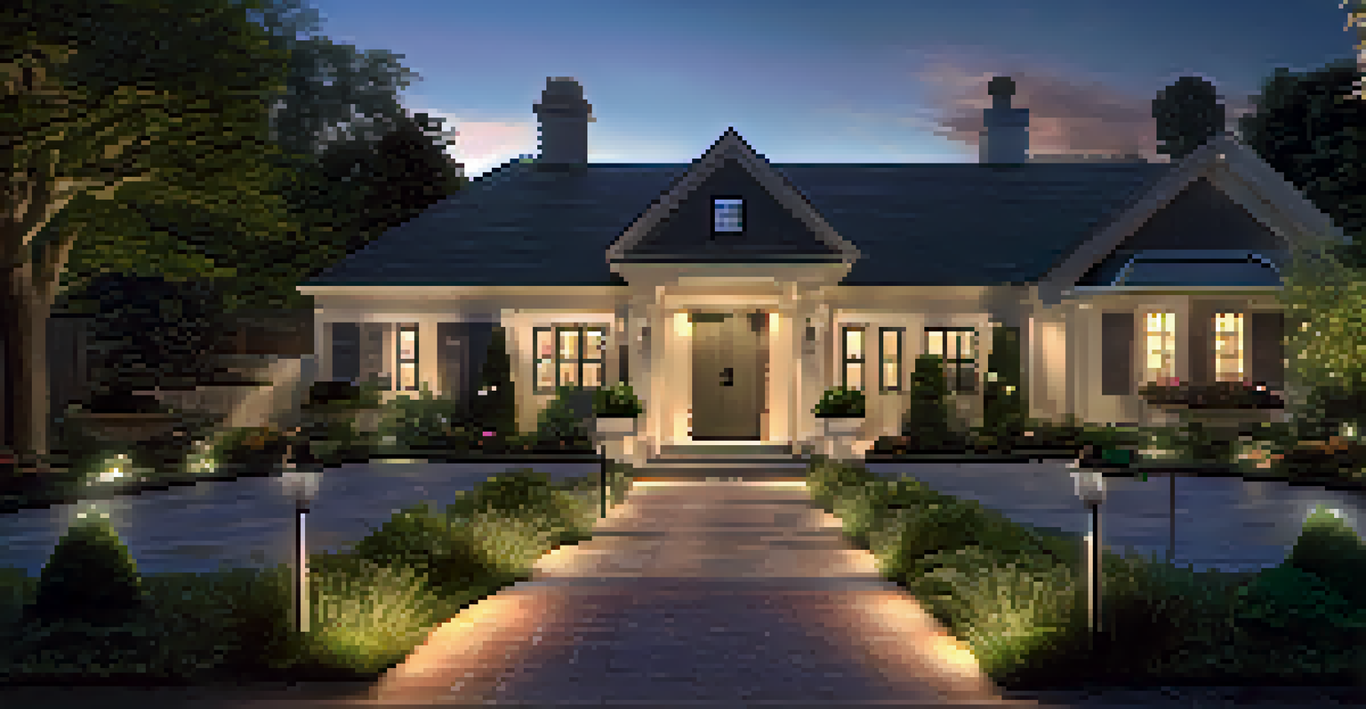 An outdoor garden at dusk with glowing path lights and a smart security camera, creating a safe and serene atmosphere.