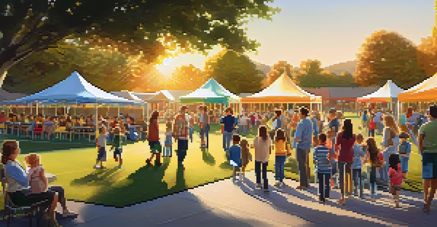 Families participating in a school event in a park, with colorful tents and children engaged in activities, illuminated by the setting sun.