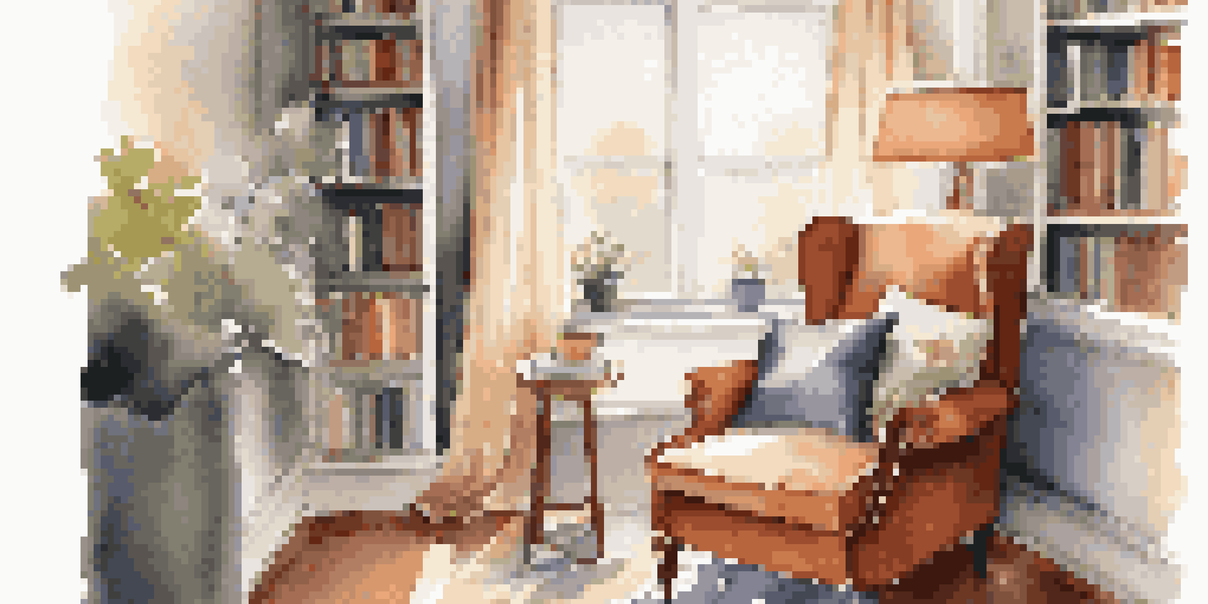 A cozy reading nook in a home office with a plush armchair, a throw blanket, a bookshelf, and a cup of tea on a side table, illuminated by natural light from a window.
