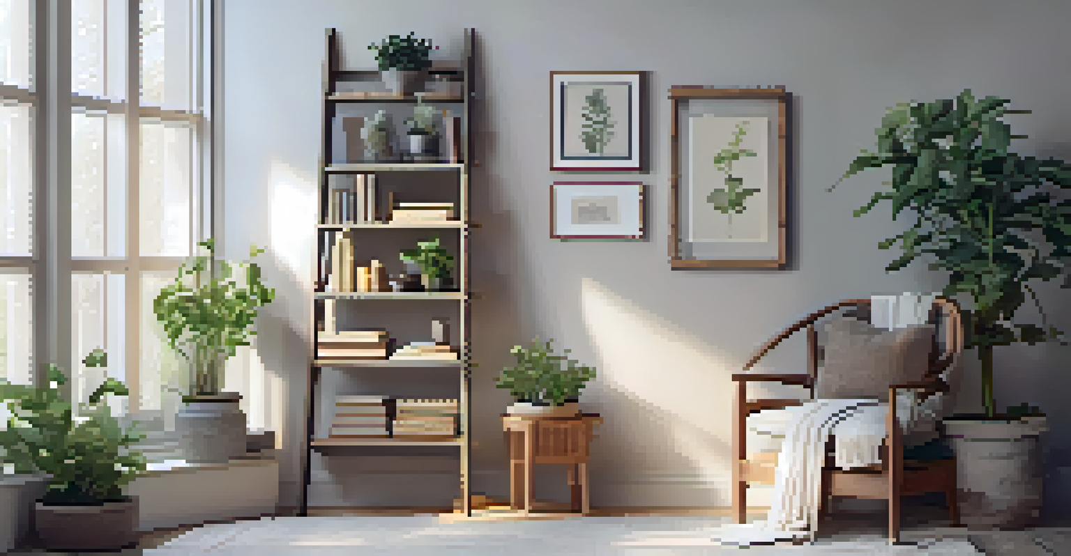 A vintage ladder leaning against a wall, displaying books and plants, with a warm throw draped over it, in a cozy corner.