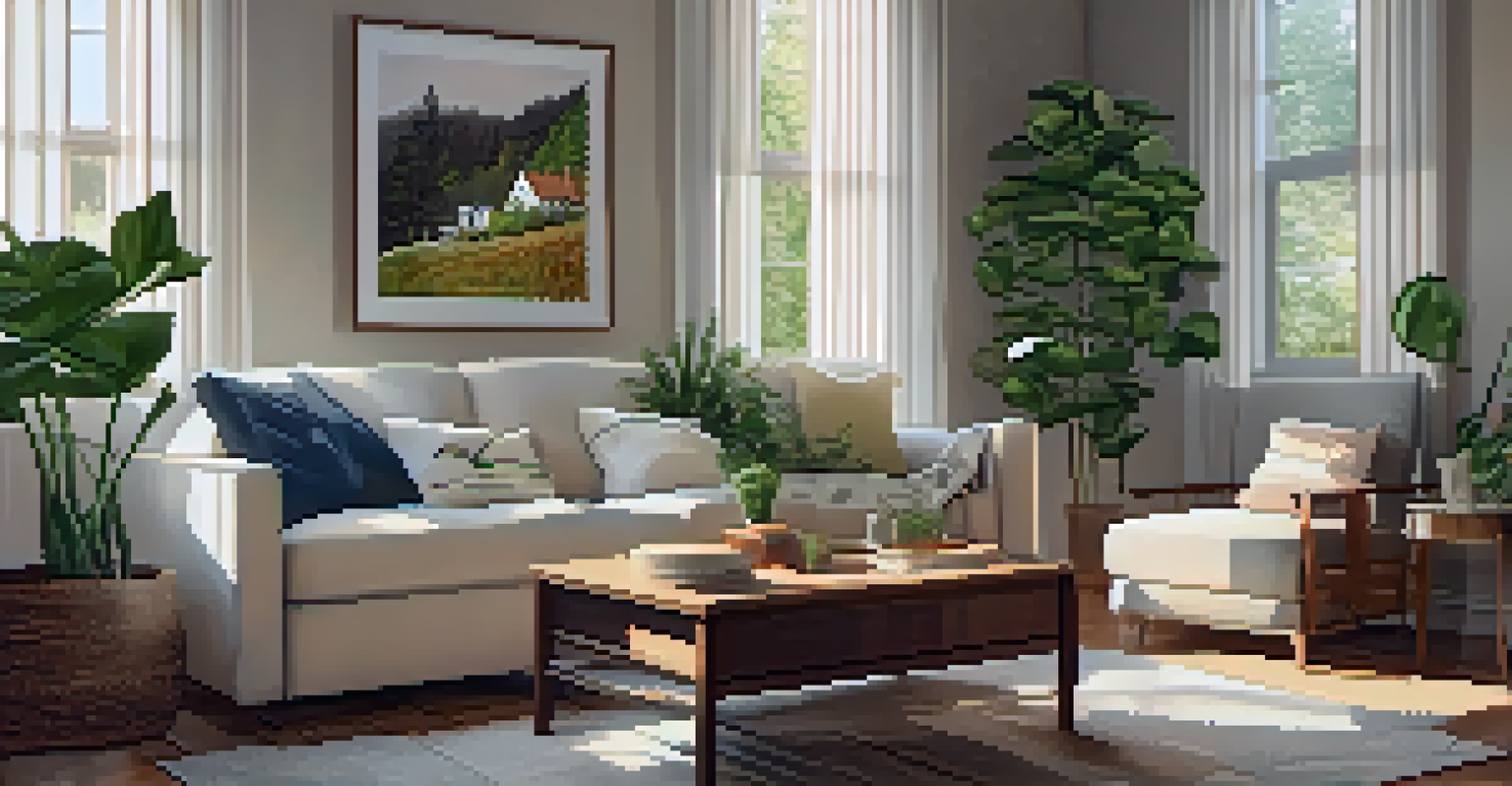 A cozy living room with a comfortable sofa, plants, and warm lighting, creating a welcoming atmosphere.