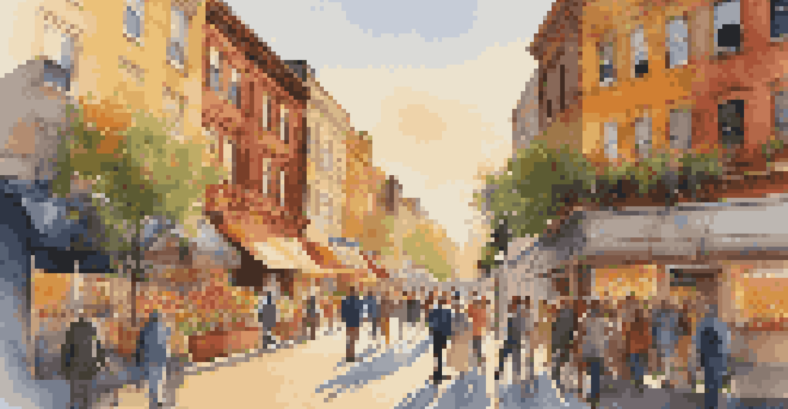 A bustling urban street during golden hour with diverse people and colorful storefronts.