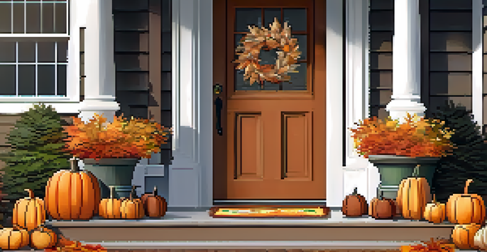 A charming autumn entrance with a wooden door, a wreath of dried leaves, pumpkins, and warm fairy lights.