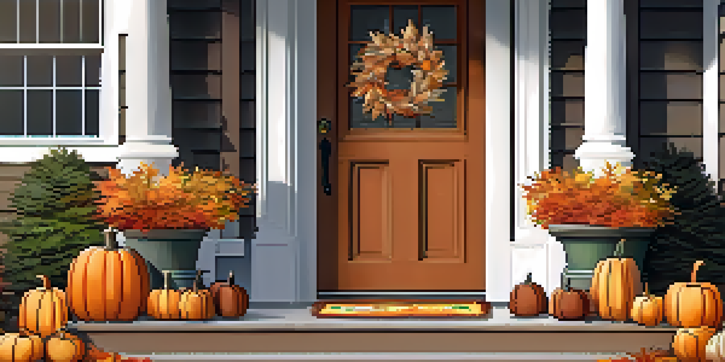 A charming autumn entrance with a wooden door, a wreath of dried leaves, pumpkins, and warm fairy lights.