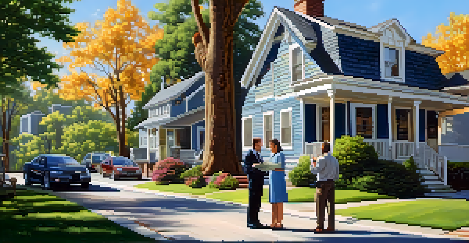 A property appraiser assessing a home with a couple watching in a scenic neighborhood.