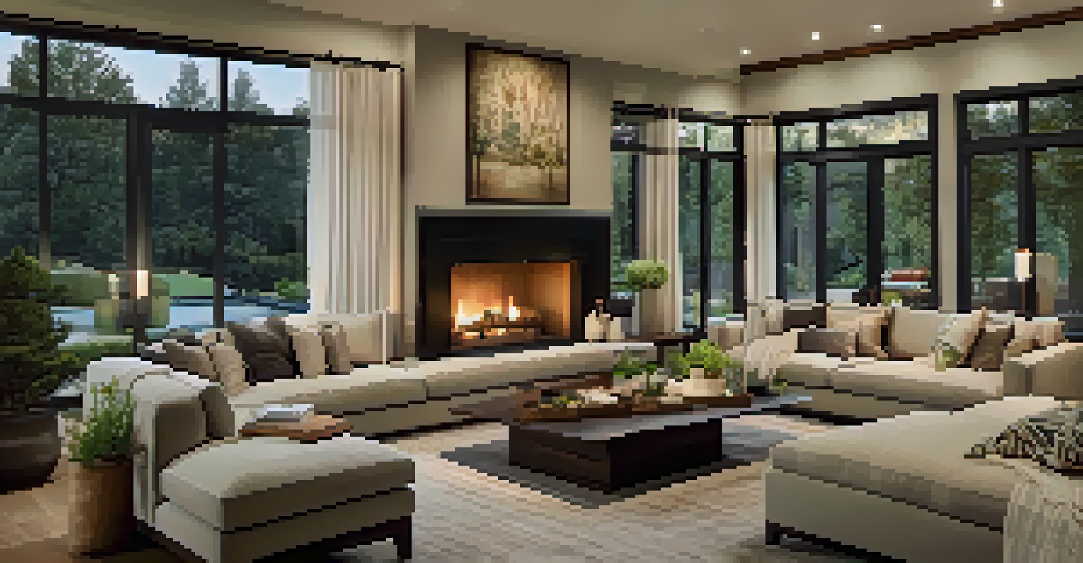 A cozy living room featuring a fireplace, plush sofas, and warm lighting, creating an inviting atmosphere.