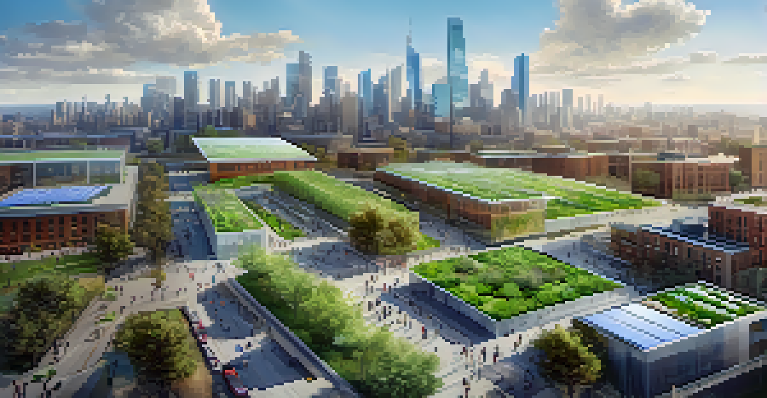 Aerial view of a smart city with green spaces, bike lanes, and modern buildings, illustrating the integration of nature in urban planning.