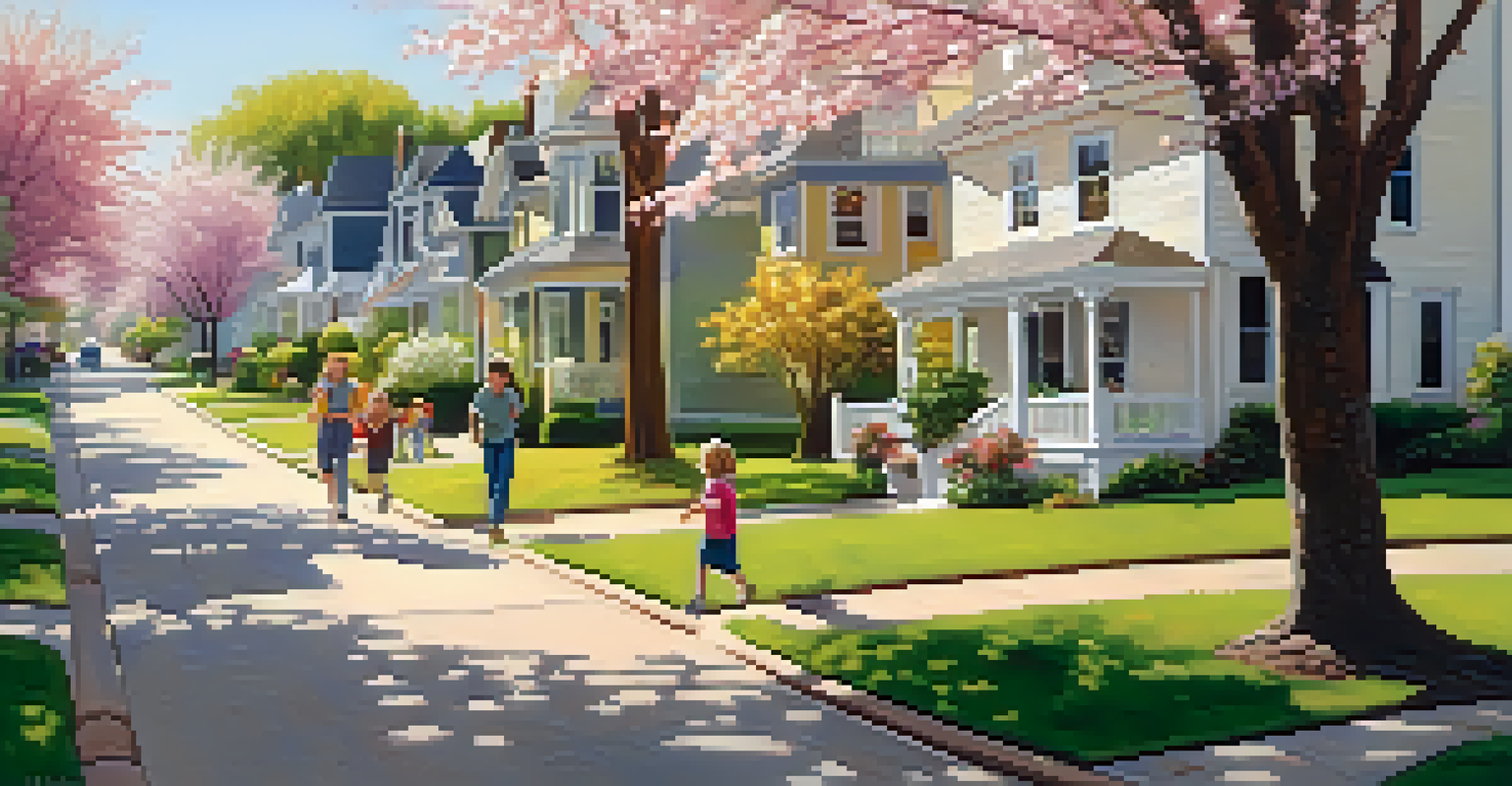 A beautiful neighborhood street with charming houses and blooming trees, showcasing a sense of community with children playing and neighbors chatting.