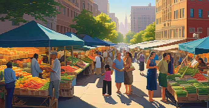 A vibrant urban market filled with vendors selling fresh produce and crafts, bathed in golden hour sunlight.
