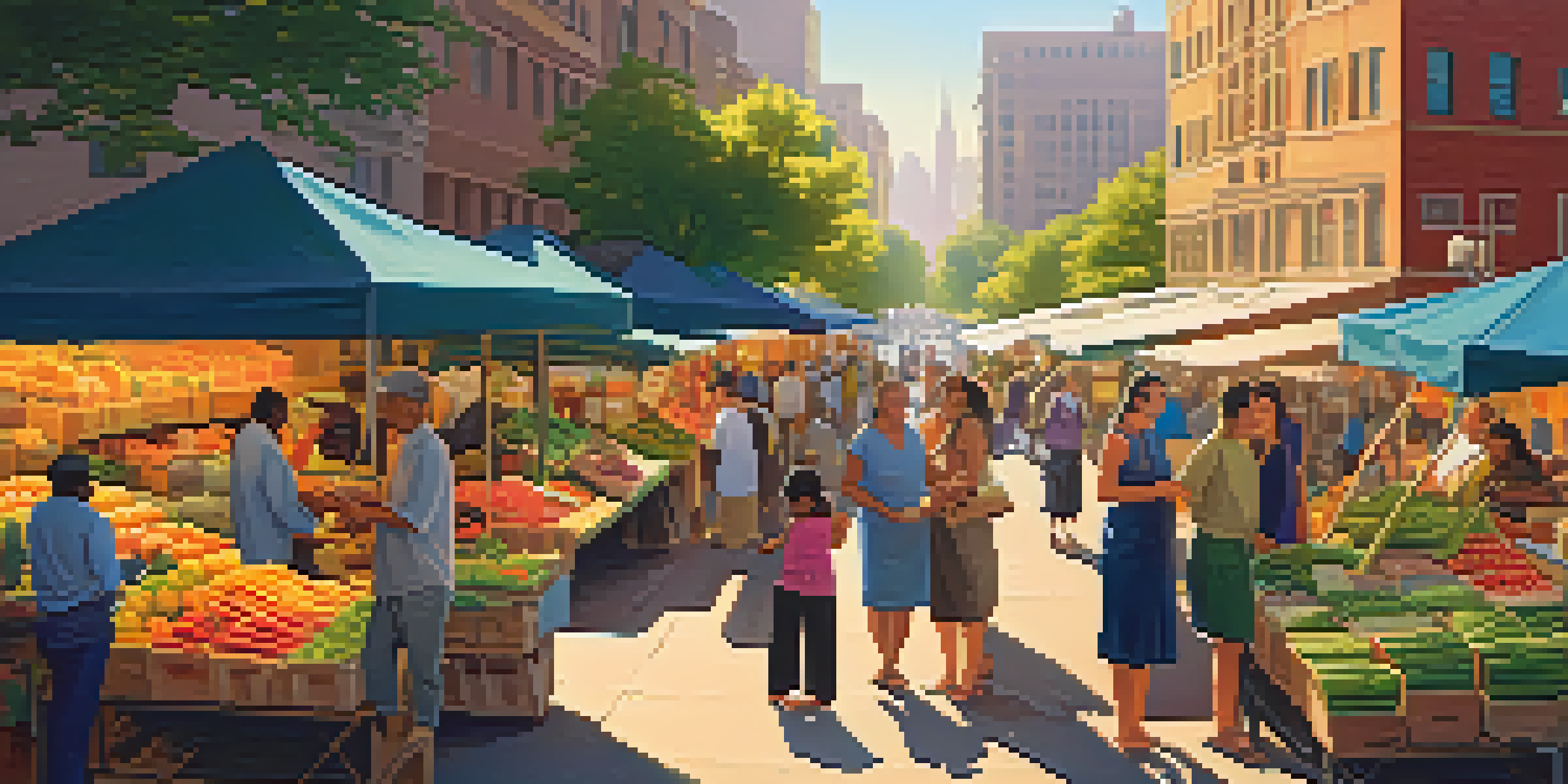 A vibrant urban market filled with vendors selling fresh produce and crafts, bathed in golden hour sunlight.