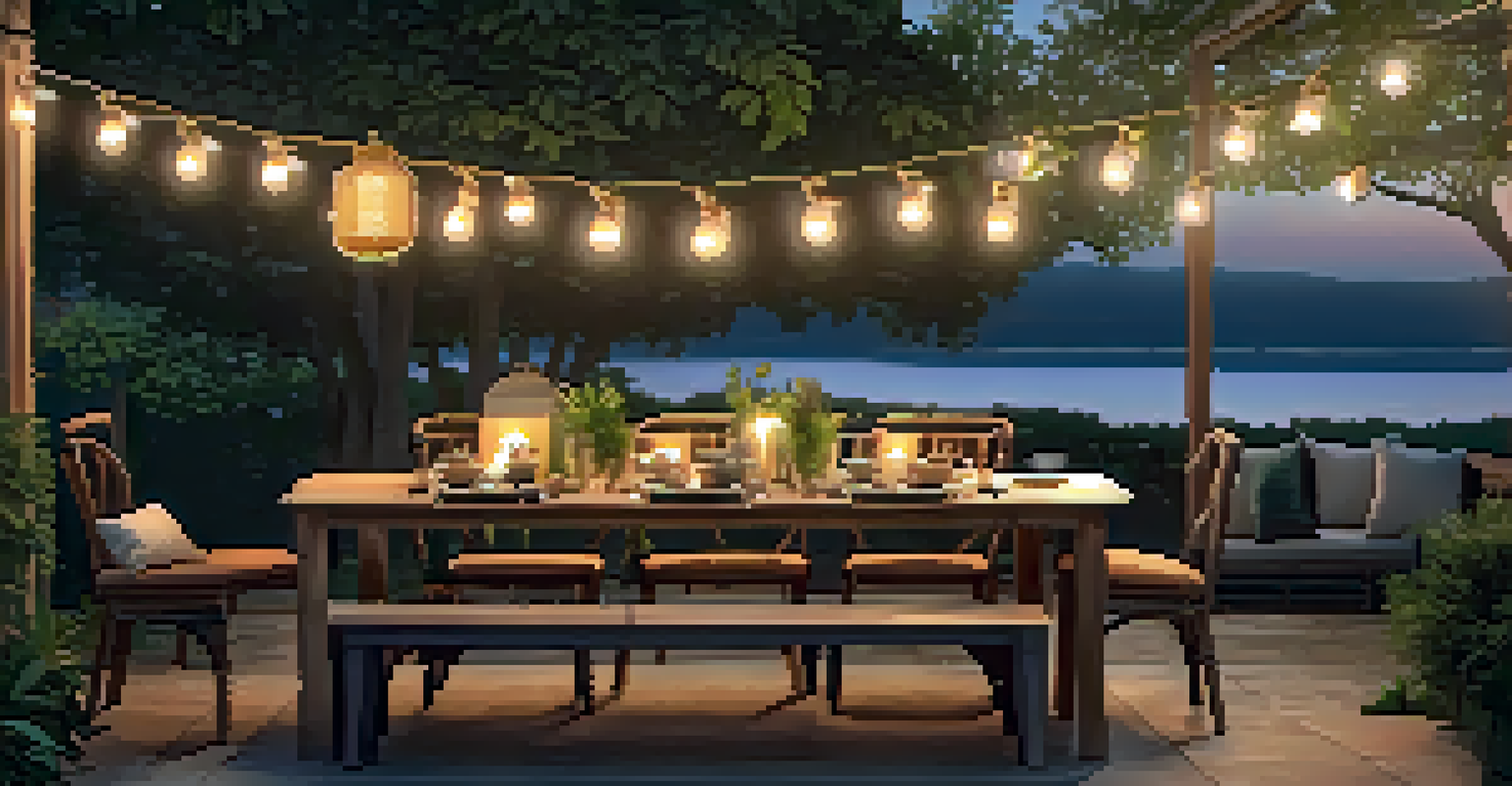 An outdoor dining area illuminated by string lights and lanterns, with a wooden table set for dinner amidst greenery.