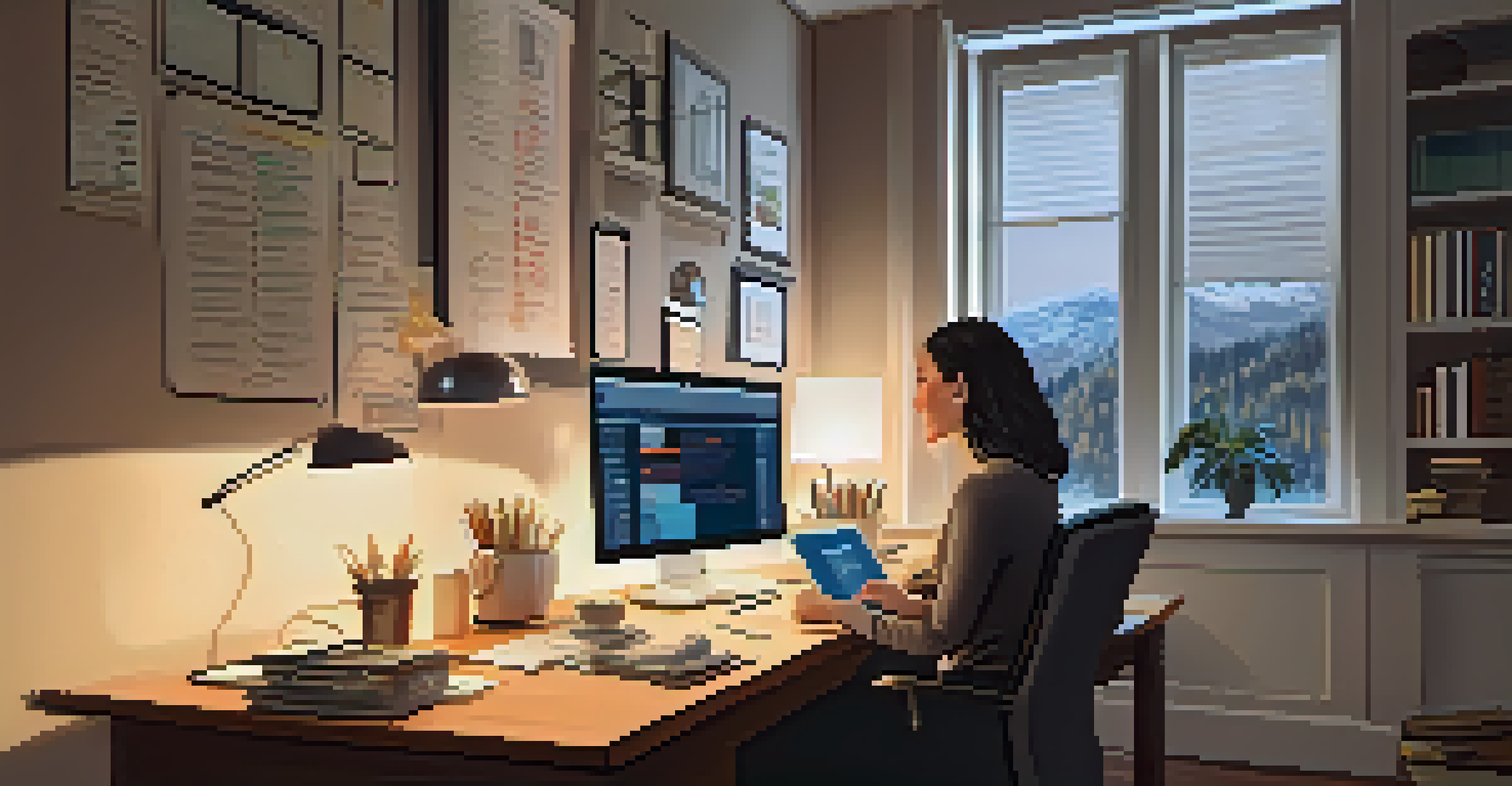 A person studying a market analysis report in a cozy home office with warm lighting.