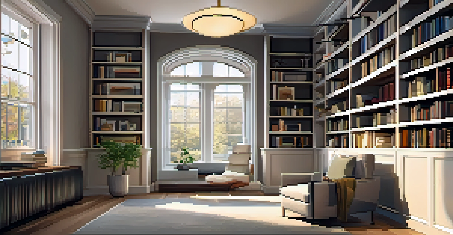 A cozy reading nook with a soft chair and warm lighting, surrounded by bookshelves.