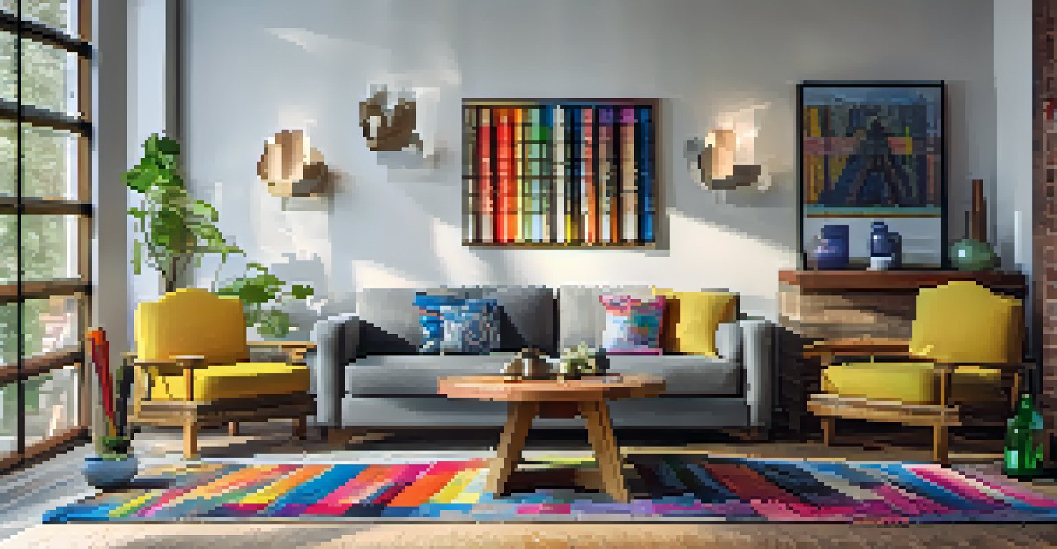 A stylish home interior featuring decorative elements made from upcycled materials, including a coffee table and wall art.