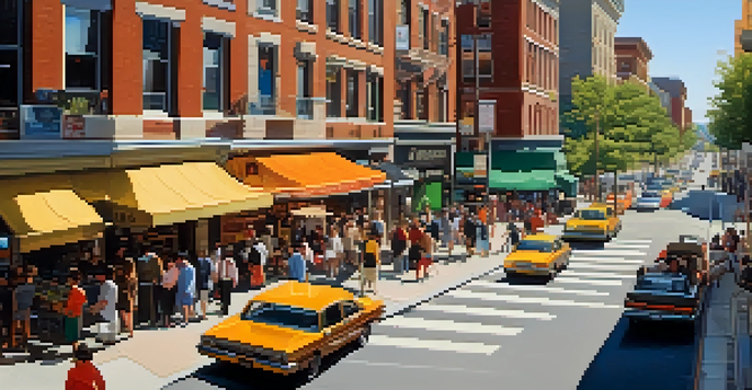 A busy urban street filled with vehicles and pedestrians during rush hour, with vibrant storefronts and bright sunlight casting shadows.