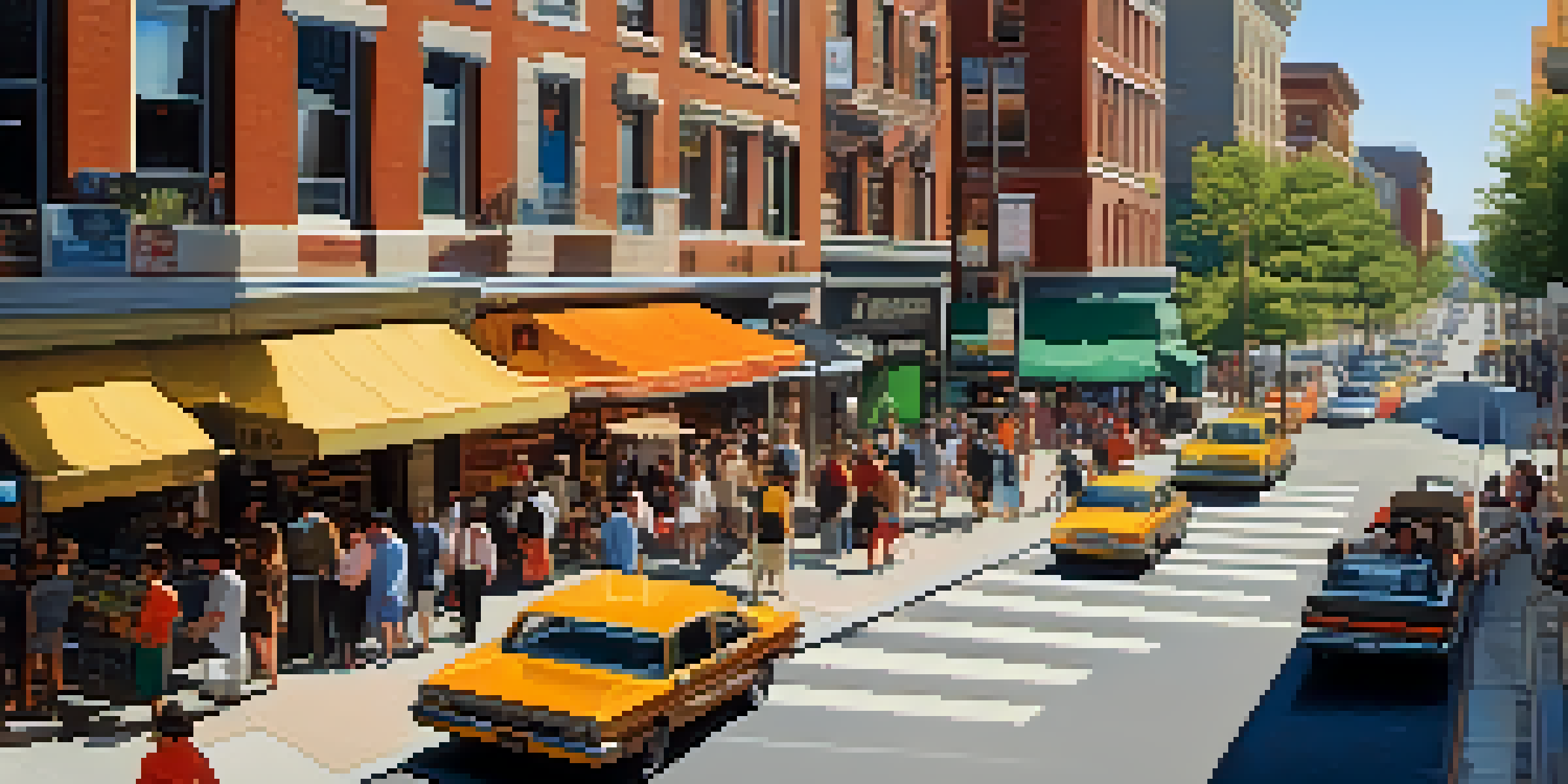A busy urban street filled with vehicles and pedestrians during rush hour, with vibrant storefronts and bright sunlight casting shadows.
